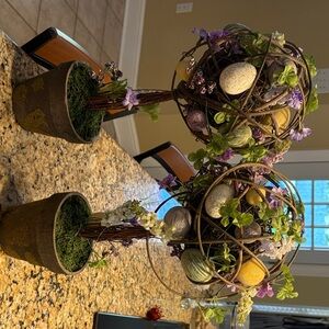Springtime Faux Floral Egg Topiary with Purple and Yellow Accents